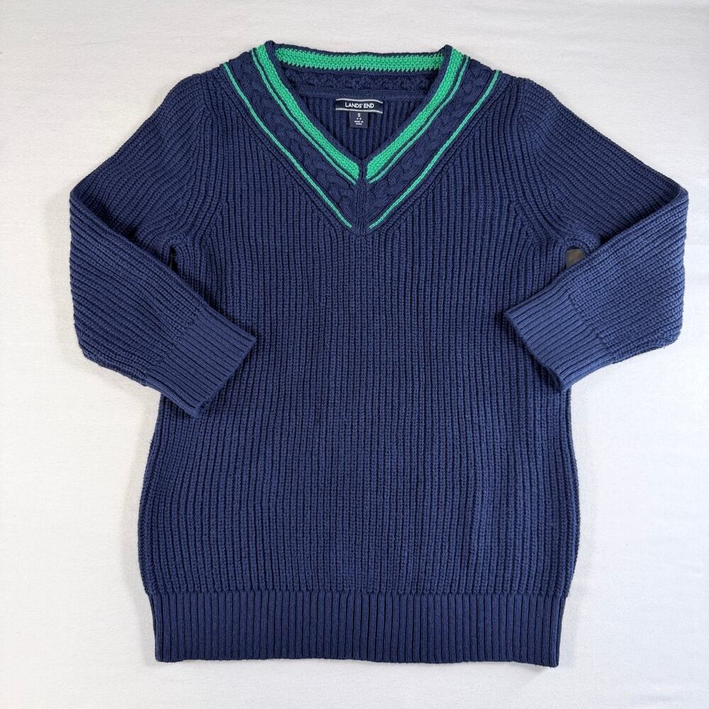 Lands’ End Women’s Small 6-8 Navy Rib Knit V-Neck Sweater Green Trim Cotton